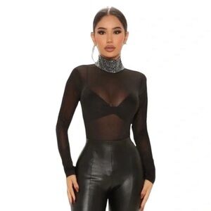 Black Rhinestone High Neck Sheer Mesh Bodysuit Size S